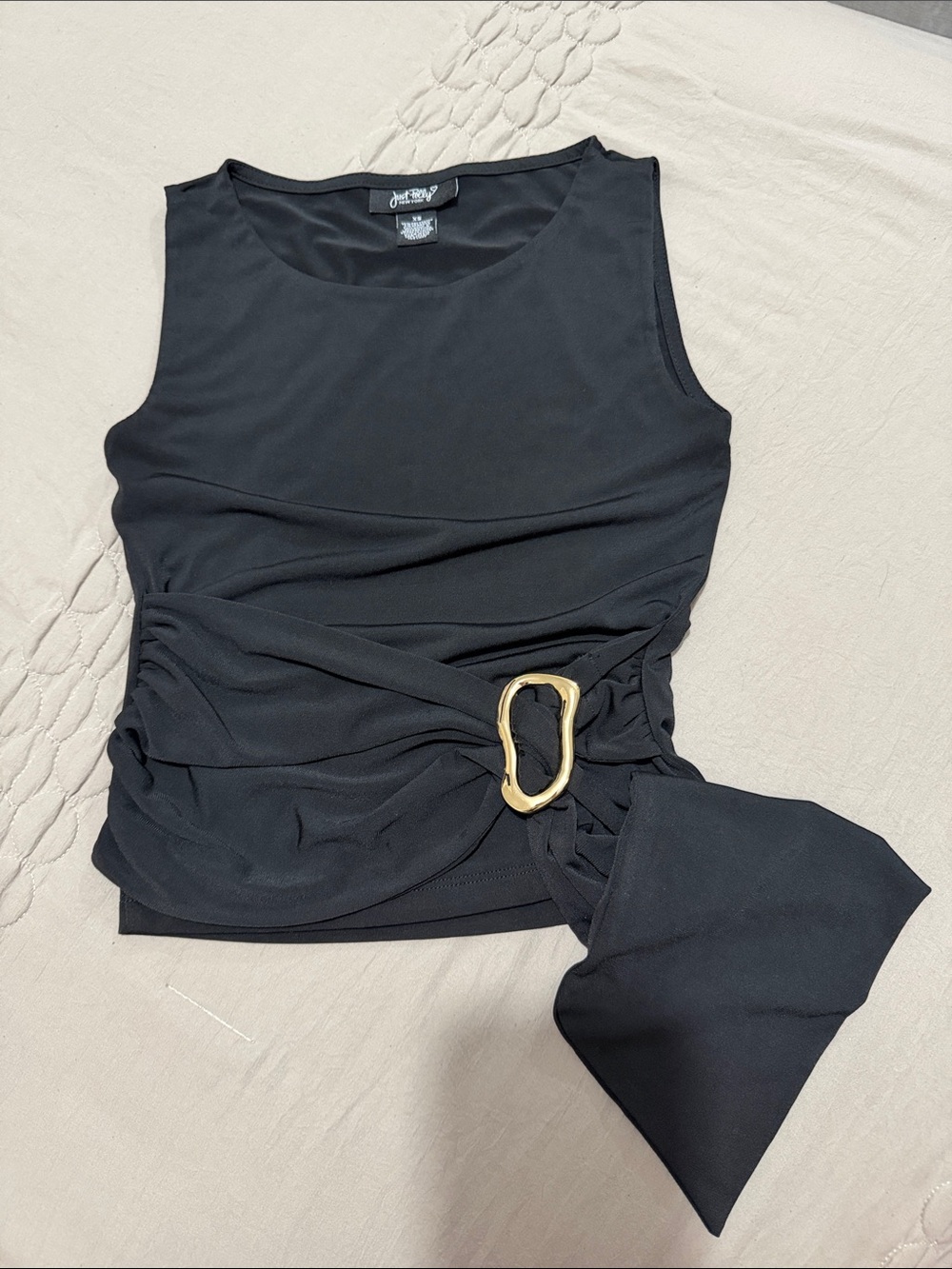 Black Sleeveless Ruched Top with Gold Accent